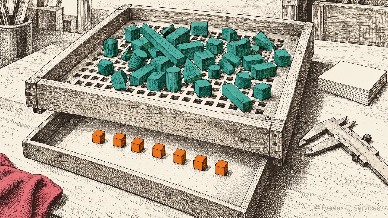A sieve keeps back everything that does not fit its holes, and lets through only what does. The holes are the where clause, the heap is every record of the object structure, and the orange cubes in the tray are the records the clause selects. A pen and ink drawing of a wooden sieve on a workbench. A heap of teal blocks in many shapes lies on its metal plate with square holes. Below the sieve, in a tray, a row of seven small orange cubes stands where they fell through. Calipers, a stack of blank cards and a red cloth lie around it.