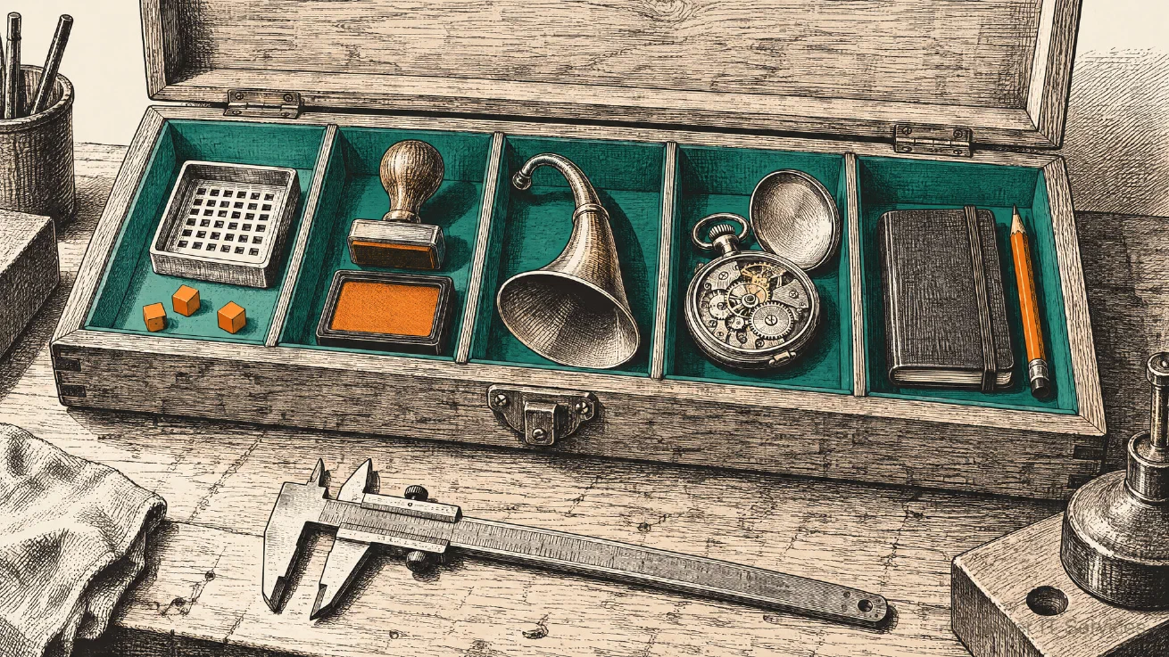One tool case, one compartment for each part of the series. The sieve selects records, the stamp writes them, the ear trumpet listens to what IBM's own clients send, the open watch shows what happens inside Manage, and the notebook holds the field notes. The sieve sits first, because the series starts with reading data. A pen and ink drawing of an open wooden tool case on a workbench, lined in teal and divided into five compartments. From left to right they hold a small square sieve with three orange cubes beside it, a rubber stamp with an orange ink pad, a brass ear trumpet, an open pocket watch showing its gears, and a closed notebook with a pencil. Calipers lie on the bench in front of the case.