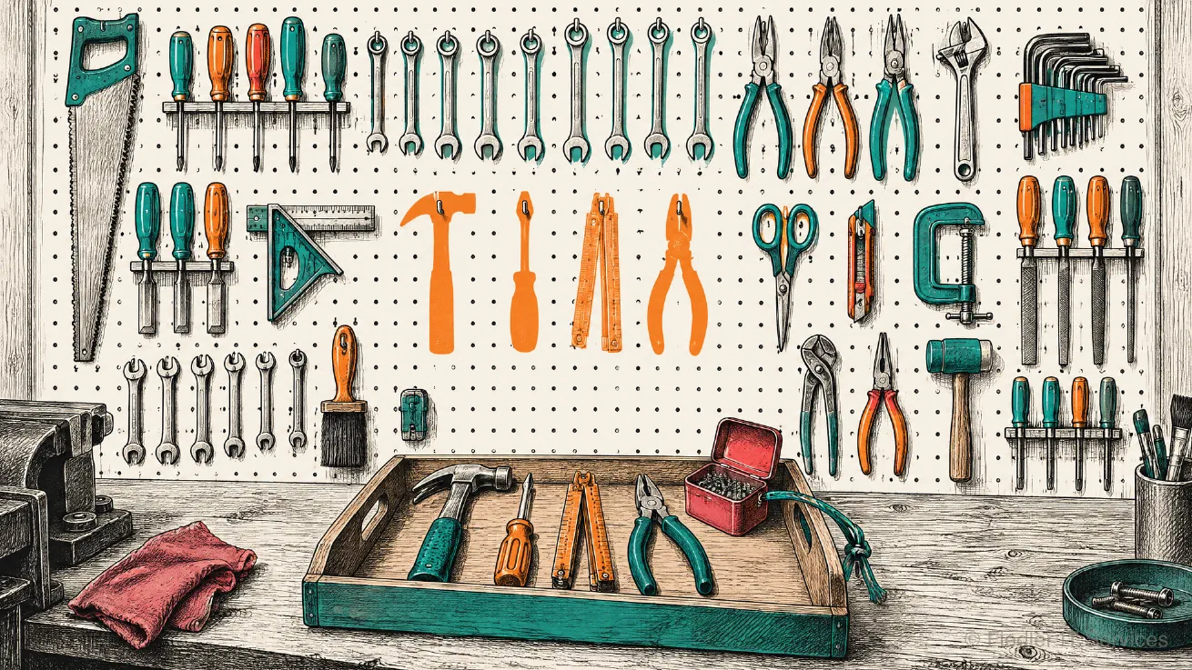 A pen and ink drawing of a workshop pegboard full of hand tools above a workbench. In the middle row, four tool outlines are painted orange and empty. The four missing tools, a hammer, a screwdriver, a folding ruler and pliers, lie on a wooden tray on the bench, with a small open tin of screws tied to the tray handle by a teal cord.