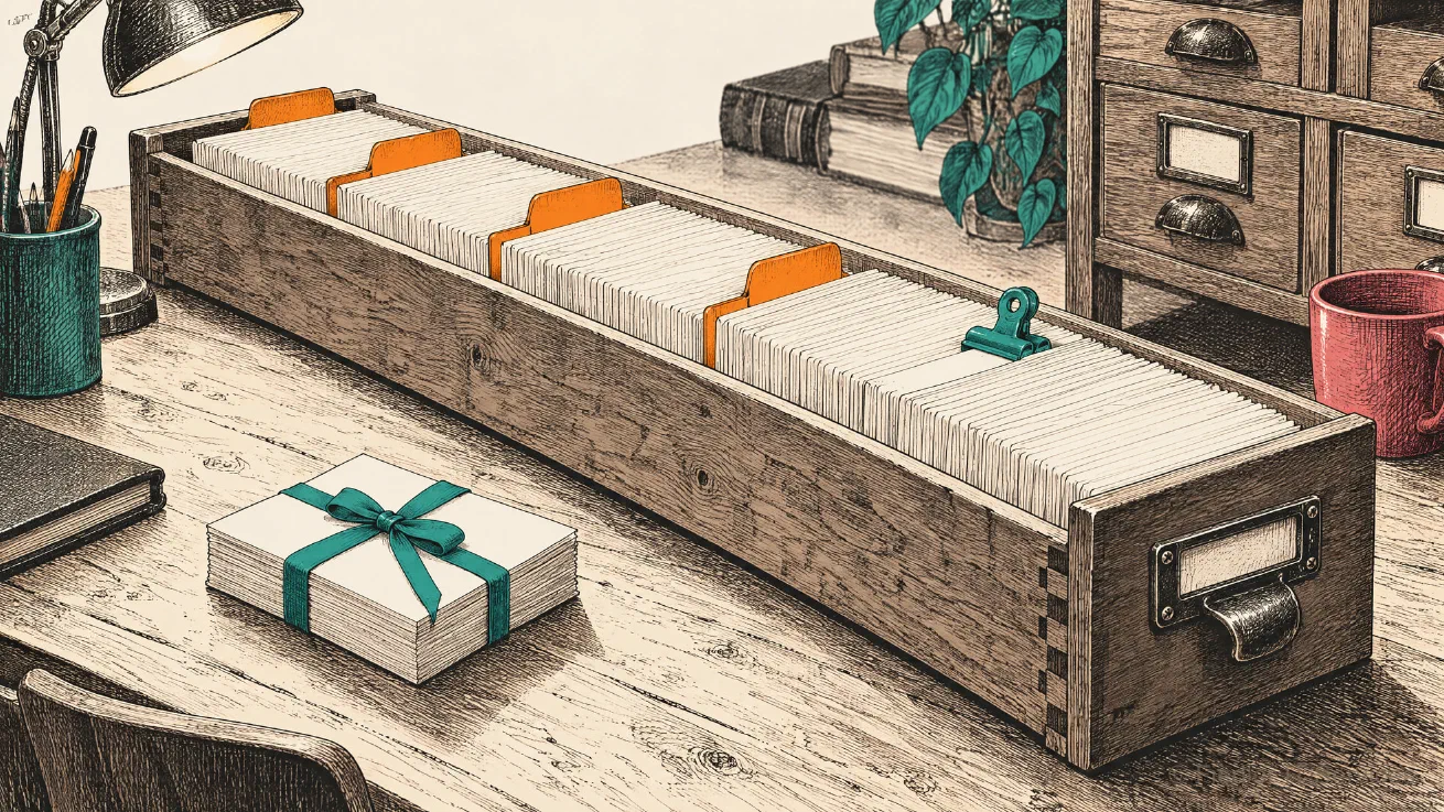 The drawer is the list, sorted once and read in order. The orange dividers are the pages, the clip marks the last record read, and the tied stack is what has been read so far. Reading on from the clip is keyset paging: the position lives in the cards themselves. A pen and ink drawing of a long wooden card-index drawer on a desk, packed with blank cards in a row. Four orange divider tabs split the front of the row into groups, and a teal clip sits on a card further back. In front of the drawer lies a small stack of cards tied with a teal ribbon.