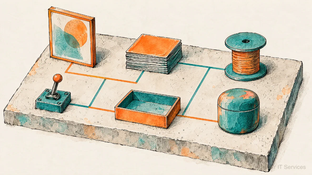 An ink and watercolour study of six simple parts set out on one slab and joined by drawn connecting lines