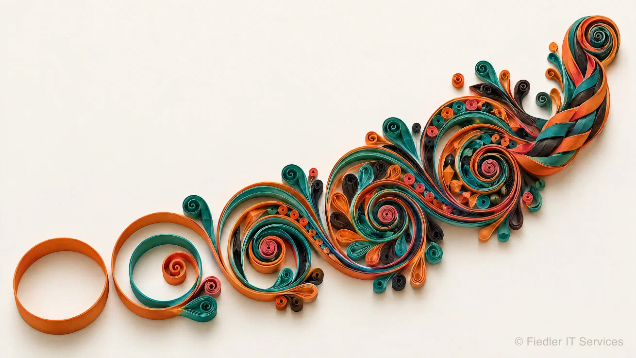 Five coiled paper forms rising left to right, each more intricate than the last, gathering into one braided strand