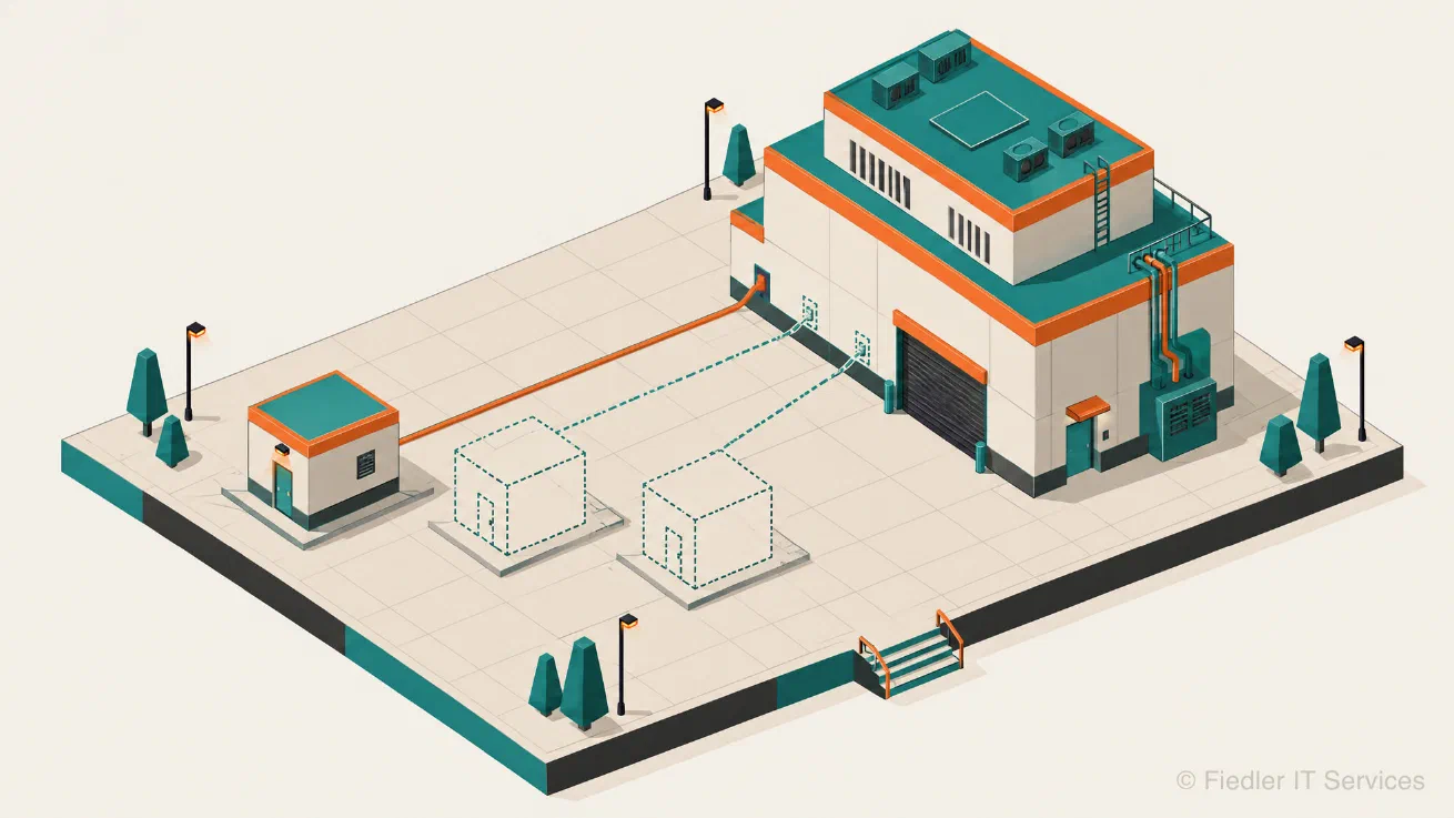 An isometric site: a large building on the right, one small finished module on the left joined to it by an orange line, and two modules drawn only as dashed outlines, joined by dashed lines