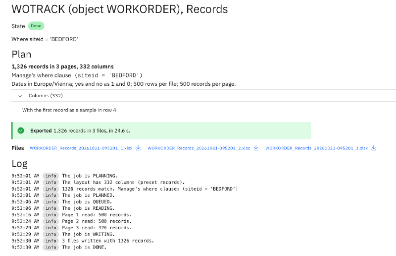 A finished export of 1,326 work orders at 500 rows per file: three files numbered _1 to _3, and the log with one line per page read