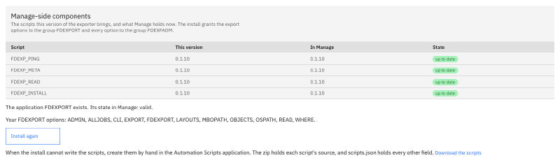 The administration screen: four scripts, each up to date in this version and in Manage, the application valid, the administrator&rsquo;s options, and the Install again button