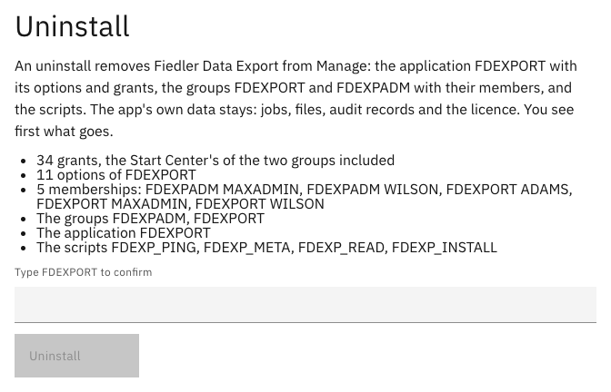 The Uninstall section: the list of what an uninstall removes, from the grants to the four scripts, the field for the confirmation, and the Uninstall button