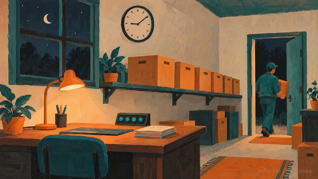 A gouache painting of a small storehouse office at night: a round clock on the wall, a shelf of boxes of the same size in a row, a lamp with an orange glow and a panel of teal lights on the desk, and a man in teal carrying a box out through the open door