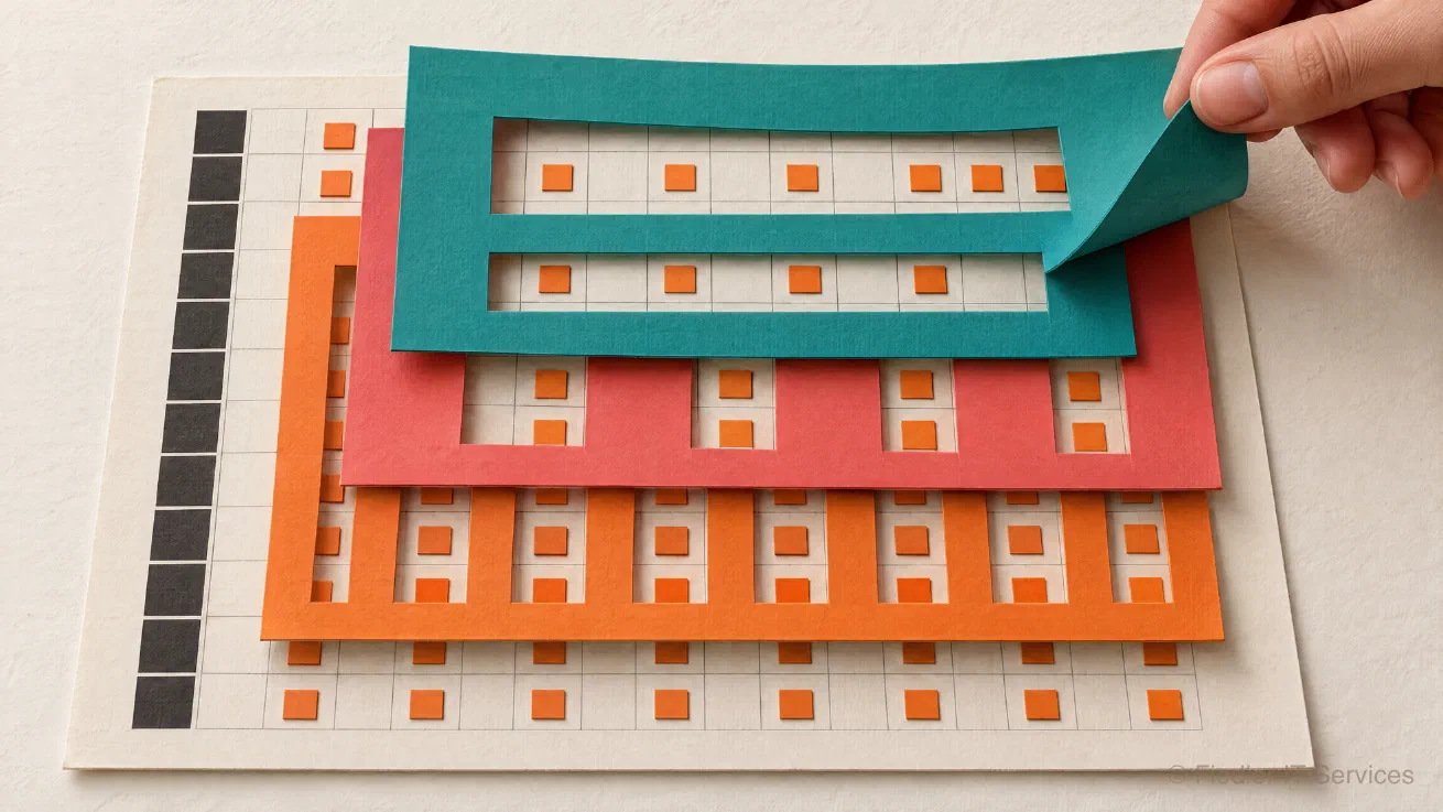 Layered paper art: a sheet with a grid of cells and a dark strip of key columns on its left; three cut-out stencils lie on it, orange with every column open, rose with a few columns, and teal on top with a wide window and a smaller one below, which a hand lifts at one corner
