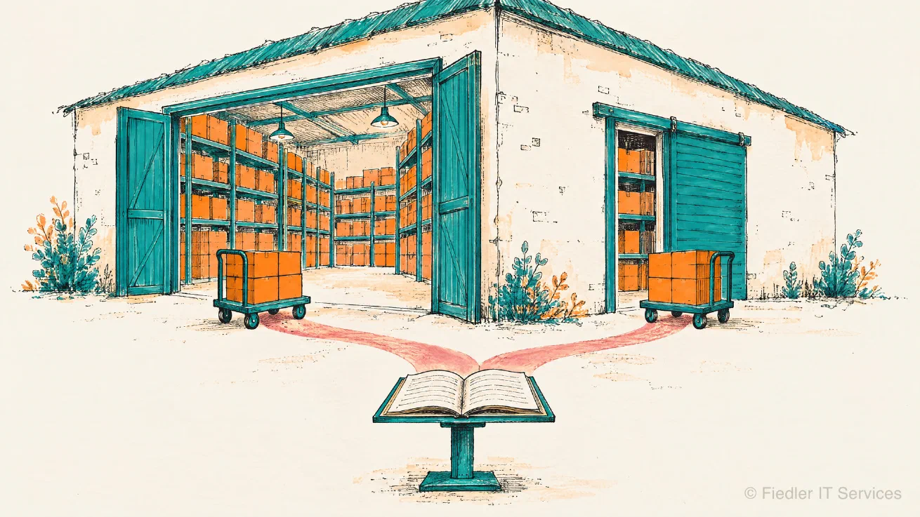 An ink and watercolor storehouse with two openings: a wide gate on the left shows every shelf of orange boxes, a narrow hatch on the right shows a few shelves beside a teal shutter; a cart with the same stack of boxes stands at each opening, and two paths meet at an open book on a stand