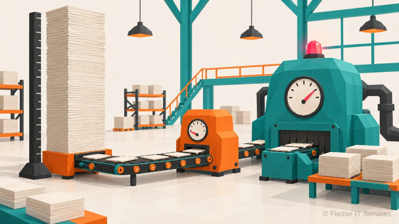 A low-poly illustration: a very tall stack of off-white sheets beside a black measuring rod, a conveyor carrying sheets through a small orange machine whose gauge needle points low, then into a large teal machine whose gauge needle points high, with a rose light on top