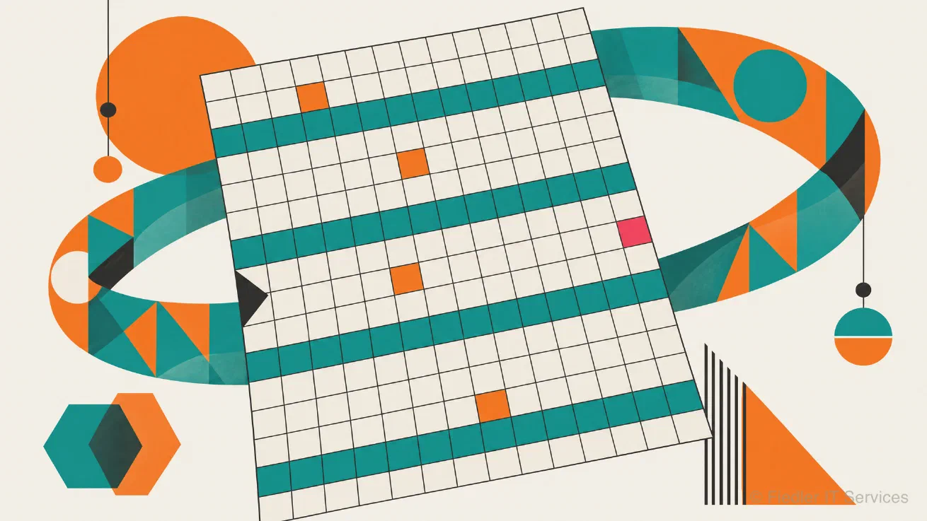 An abstract geometric composition: a tilted grid of cells with whole teal rows, a few single orange cells and one rose cell at the end of a row, ringed by a broad teal and orange band that leaves the grid's right edge and enters again at the left beside a black notch