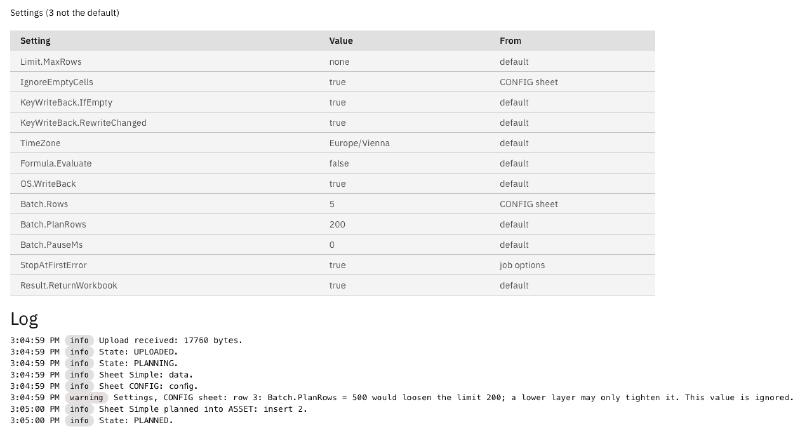 The settings of a job with their sources, and a log line that refuses a loosened limit from the CONFIG sheet