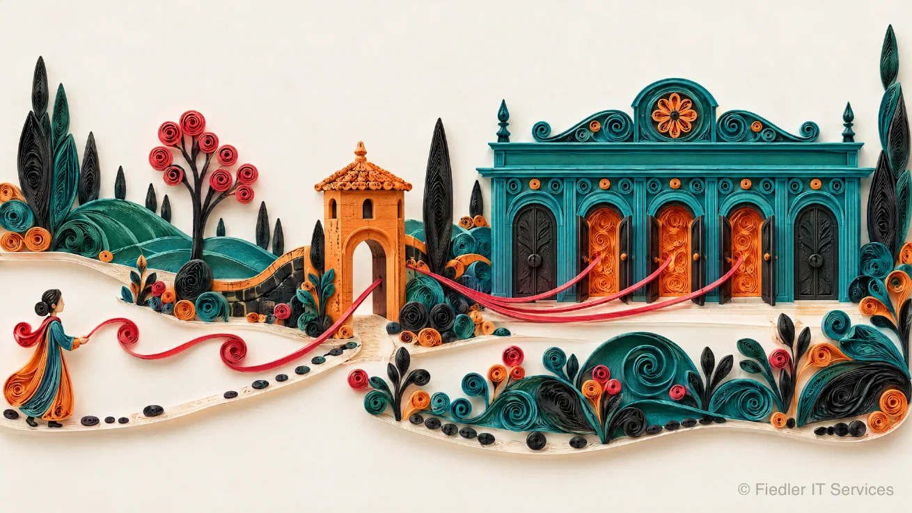 A paper quilling scene: a small figure on the left holds a rose paper strip that runs through an orange gatehouse to a teal building with five arched doors; the strip splits into three strands that reach the three middle doors, which stand open with orange inside, while the two outer doors stay closed