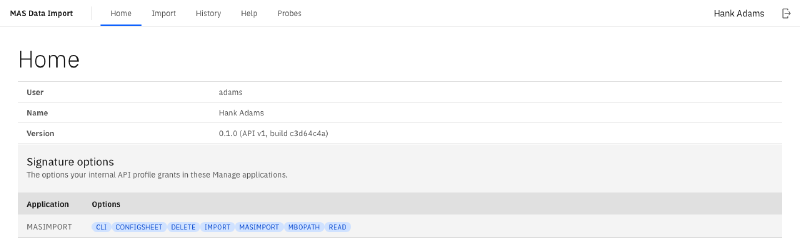 The Home screen of a user in the group FDIMPORT: his seven importer options, and no Administration tab