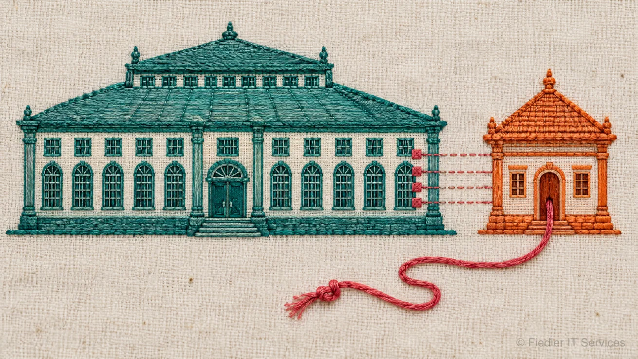 An embroidery on linen: a large teal hall with many windows and, beside it, a small orange pavilion joined to the hall by four stitched lines that end in four small squares at its wall; a rose thread runs from the pavilion door to a loose knot