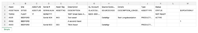 An input sheet: three assets from row 4