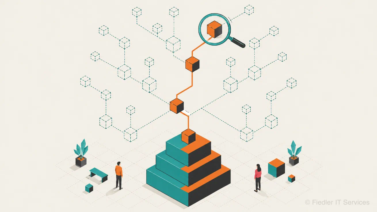 An isometric tree of cubes rising from a stepped block: a path of solid orange cubes leads to one cube under a magnifying glass, the rest of the tree is drawn in dashed outlines, and two people look on