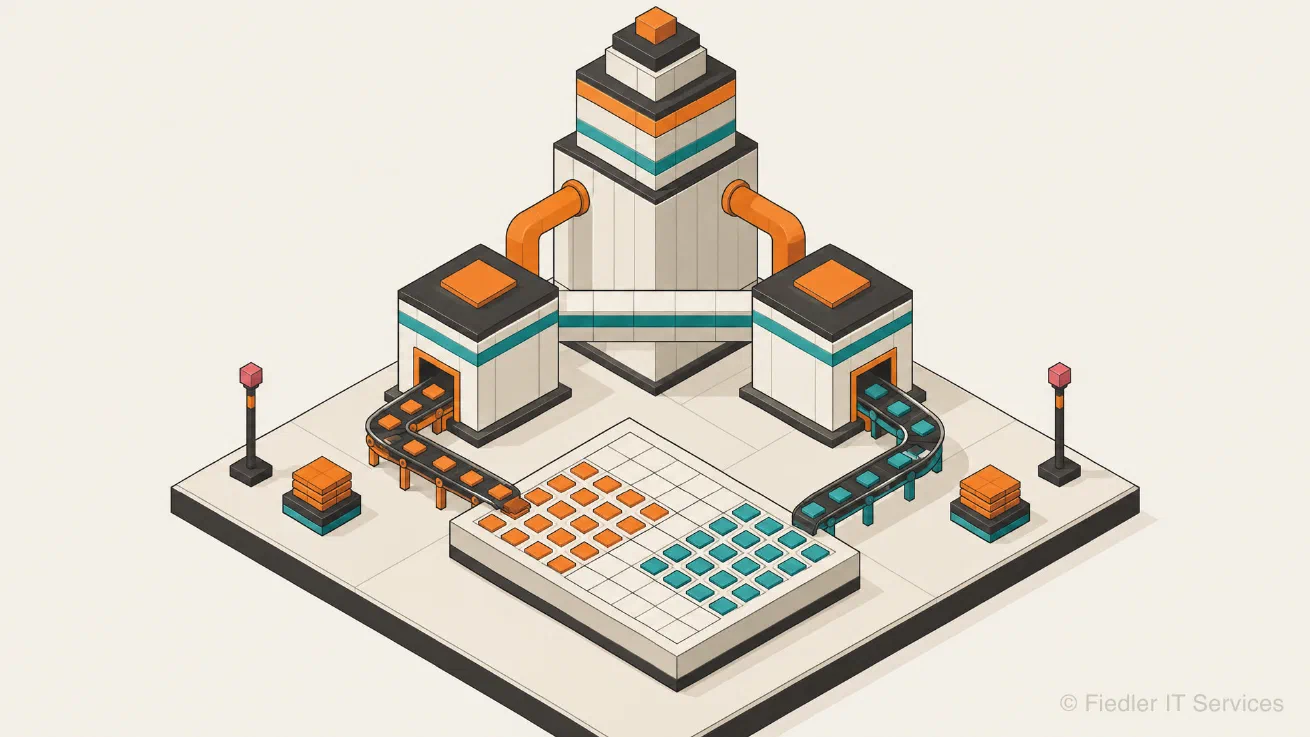 An isometric site: a tall stepped tower at the back, two identical buildings on one base in front of it, joined by a bridge and by orange pipes to the tower, and a large grid slab in front that one conveyor fills with orange tiles while a second carries teal tiles into the other building