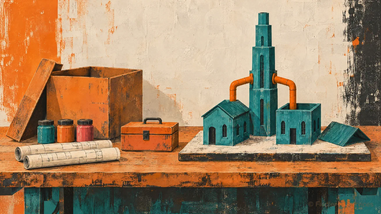 A kit laid out on a workbench. The open box is the install kit, and the jars, the plans and the toolbox are its scripts and files. The two buildings on one base are Fiedler Data Import and Fiedler Data Export, piped to the tall tower, which is Manage. One building still waits for its roof: the installation is under way, and this guide finishes it. A mixed-media painting of a workbench: on the left an open orange box with its lid leaning against it, three small jars, two rolled plans and a toolbox; on the right a base plate with two teal buildings, one with its roof and one whose roof still lies beside it, both joined by orange pipes to a tall teal tower