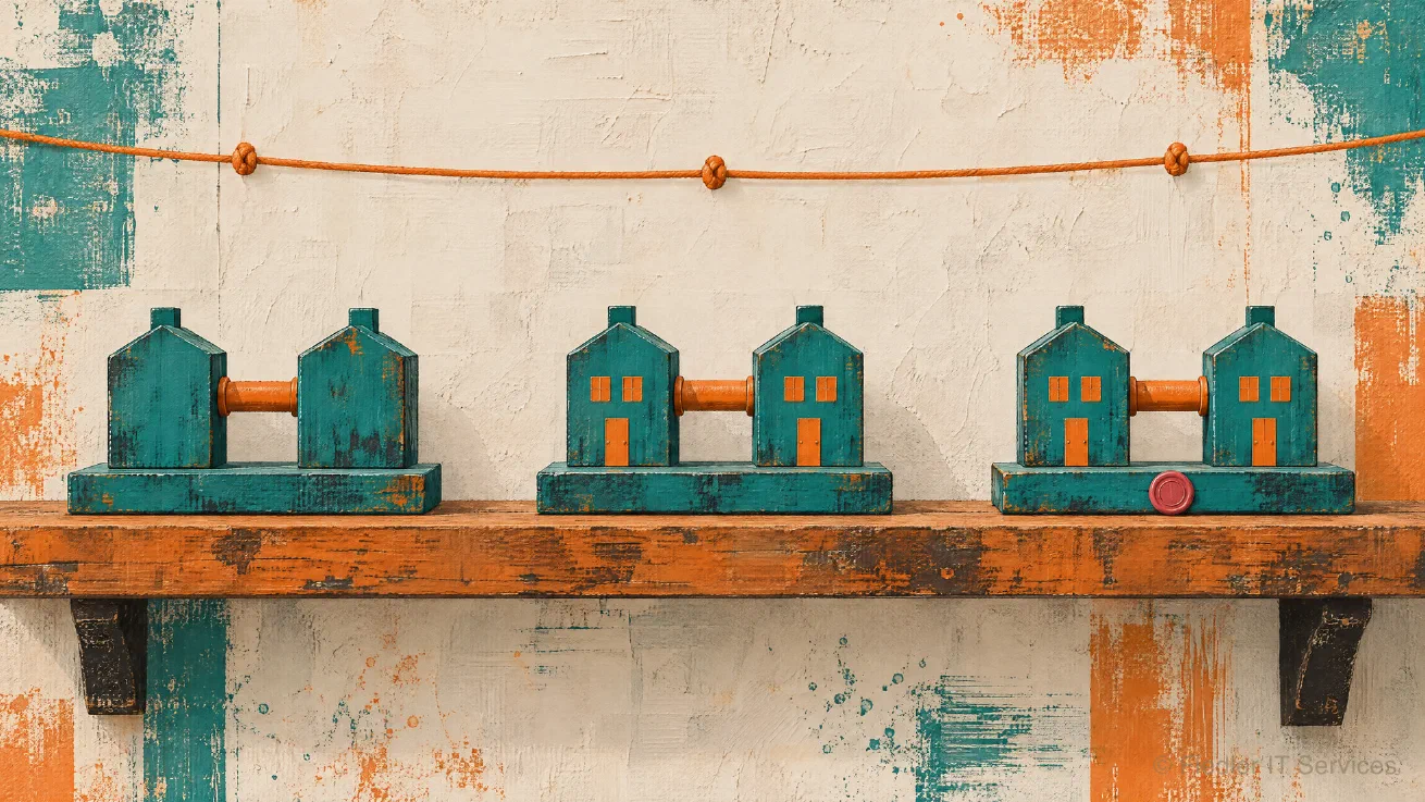 A mixed-media painting of one long orange wooden shelf on a textured off-white wall: three teal models stand on it in a row, each two small houses on one base joined by an orange pipe; the left pair is plain, the middle pair has orange doors and windows, and the right pair has them too plus a round rose wax seal on its base; above them an orange cord runs across with one knot over each model