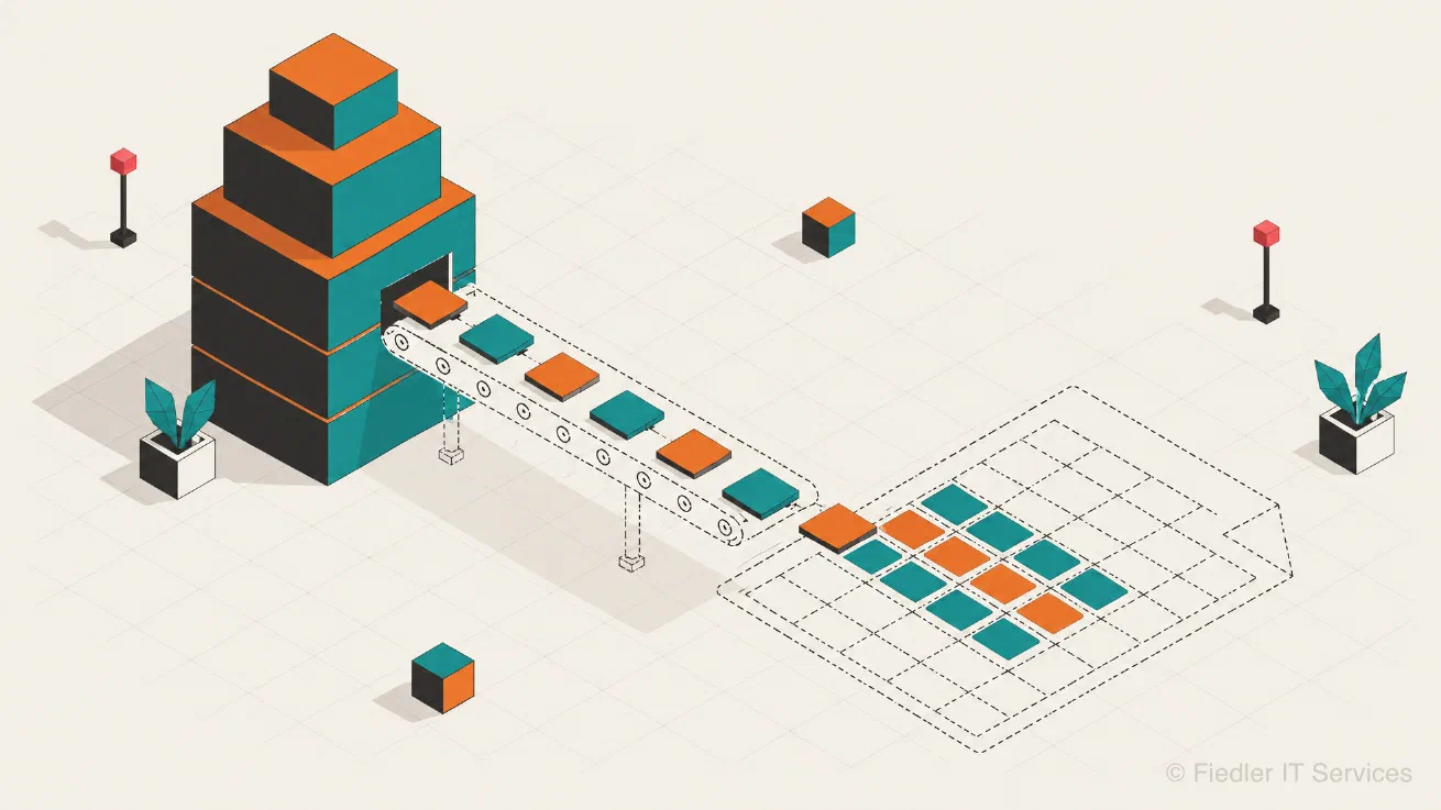 An isometric block sends orange and teal tiles along a conveyor drawn in dashed lines, into the dashed outline of a sheet that the tiles begin to fill