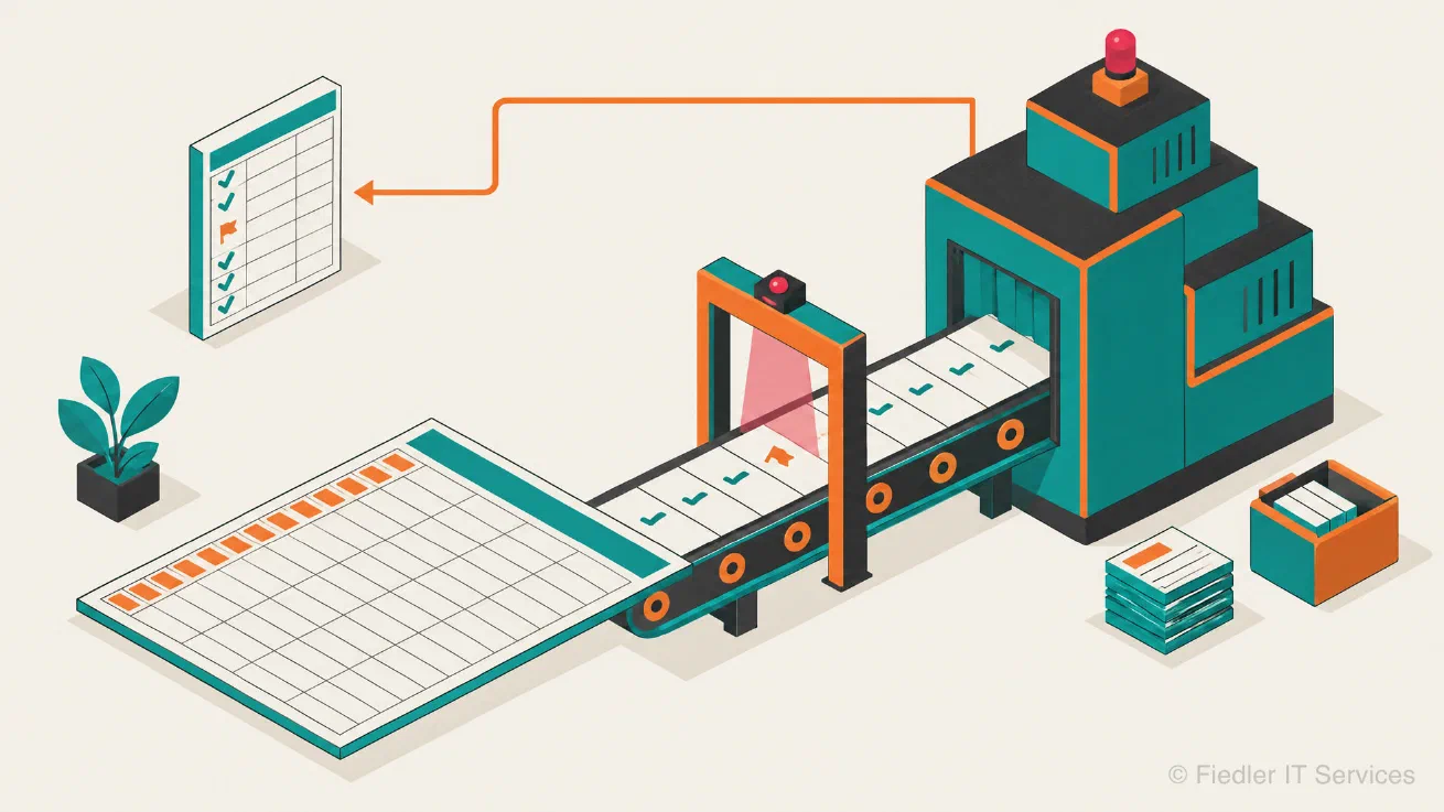 An isometric conveyor carries a spreadsheet's rows through a scanning gate into a machine; the rows get teal check marks and one orange flag, and an orange line leads back to a returned sheet with the same marks