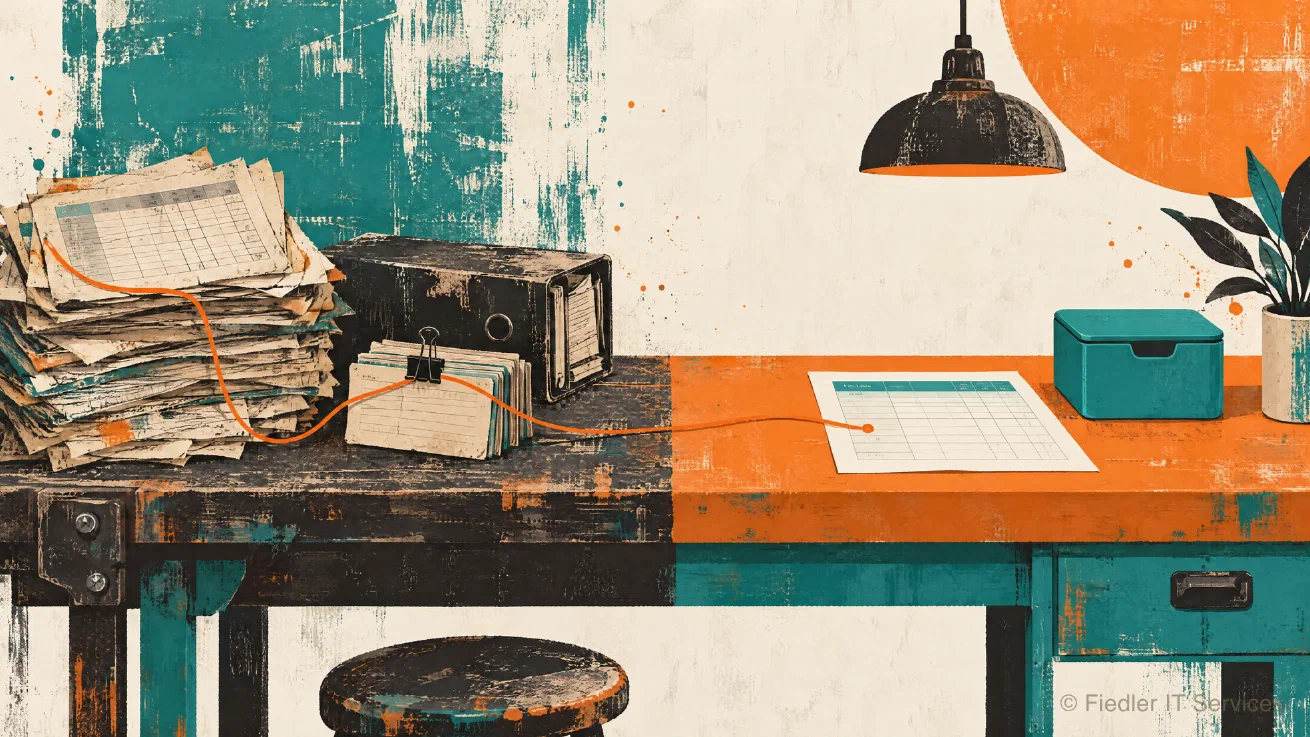 A painted workbench: on the worn left half, stacks of old spreadsheet printouts, a binder and clipped index cards; an orange thread runs across to the right half, where one clean sheet lies beside a small teal box