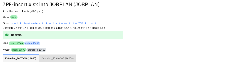 The finished job: 25 minutes 17 seconds, no errors, 50,000 records inserted and 10,000 unchanged