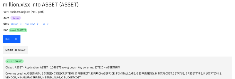 The planned job of a million rows: 1,048,573 assets to insert