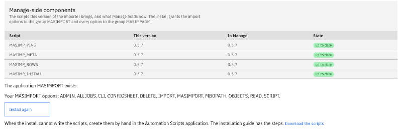 The administration screen: the four scripts in this version and in Manage, all up to date, the application MASIMPORT, and the Install button