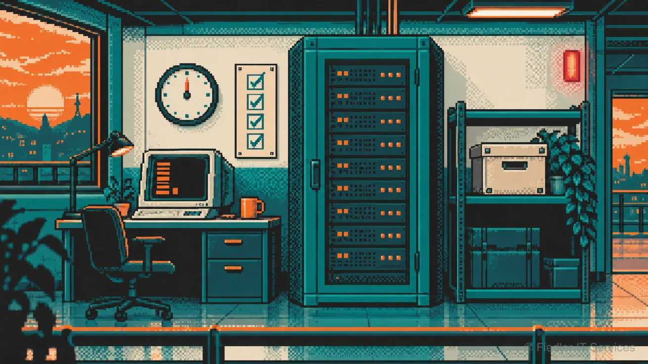 A 16-bit pixel art control room: a desk with an old terminal showing a column of orange bars and a cursor, a tall teal server cabinet with rows of orange lights, a shelf with an archive box, and on the wall a round dial and a board with four ticked boxes