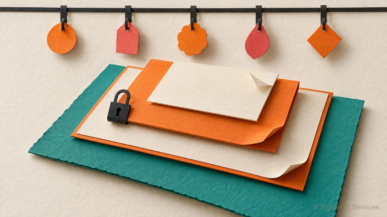 A layered paper artwork: four sheets stacked like terraces, a large teal sheet at the bottom, an off-white sheet with an orange border, an orange sheet held by a small black padlock clip, and a small off-white sheet on top; above them a black strip with five hooks carrying orange and rose paper tags
