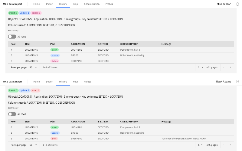 One workbook planned by two users: Mike Wilson&rsquo;s plan inserts, updates and deletes; Hank Adams&rsquo;s plan inserts and updates, and refuses the delete for the missing DELETE option