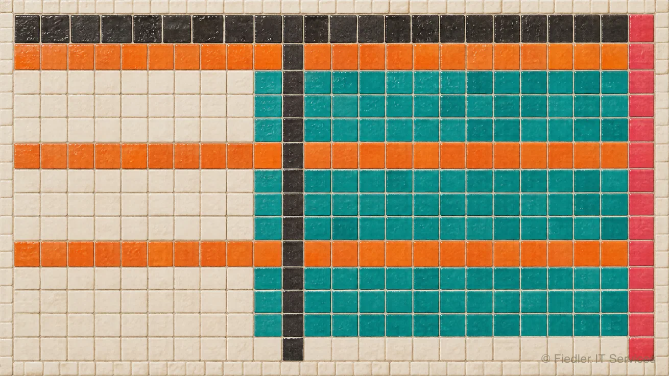 A spreadsheet laid out as tiles: a dark header row, orange rows that each start a group, and teal rows below them that begin at a dark seam. The orange rows are main records, the teal rows their child records, and the seam is the separator column where the child columns start. A tile mosaic shaped like a spreadsheet: a dark header row, three orange parent rows, and under each one three teal child rows that start at a dark vertical seam, with a rose column along the right edge