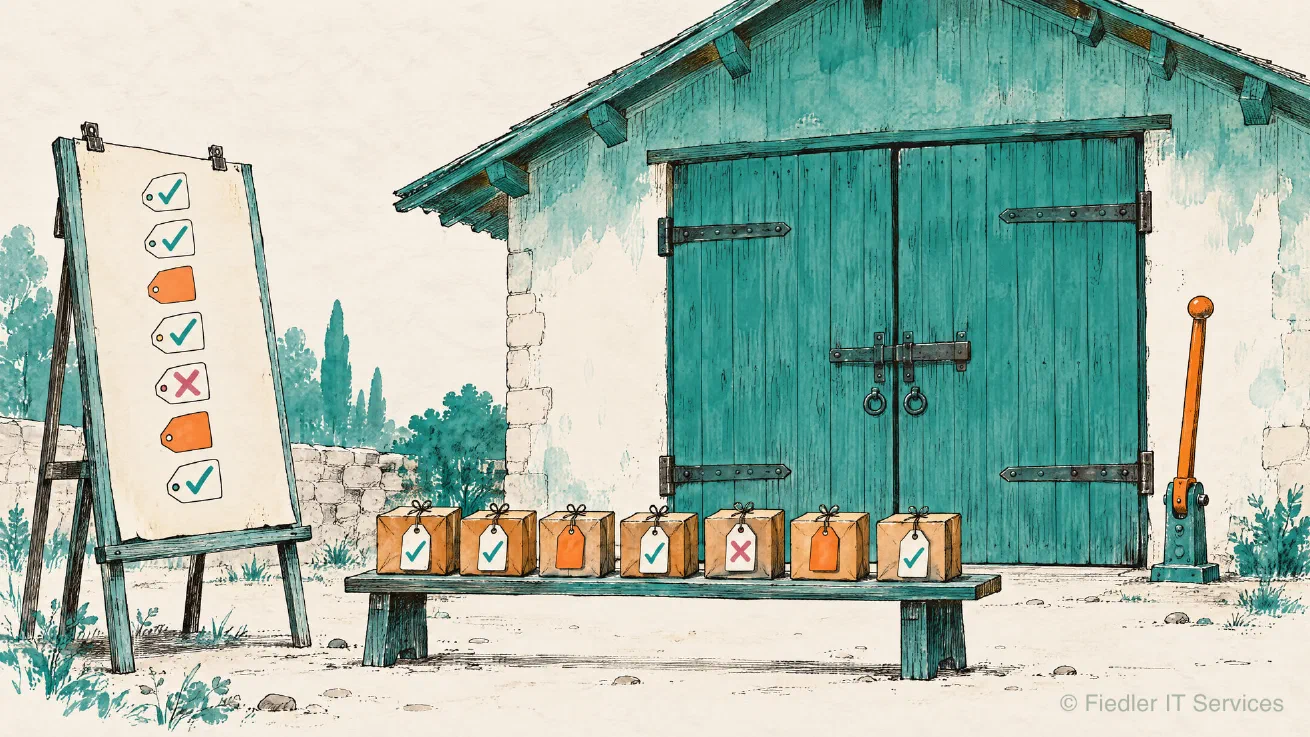 A pen and watercolour drawing: seven small parcels on a long bench in front of the barred teal double gate of a storehouse; each parcel's tag shows a teal tick, a plain orange tag or a rose cross; a drafting board on the left lists the same seven marks in the same order, and an orange lever beside the gate stands upright