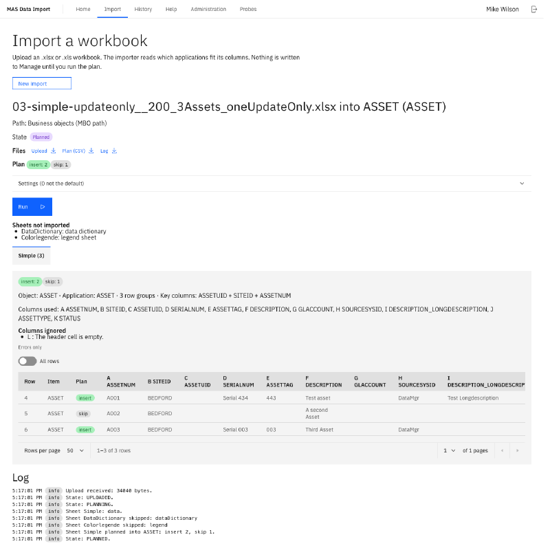 A planned job: two assets to insert, and one row skipped because it is marked update-only