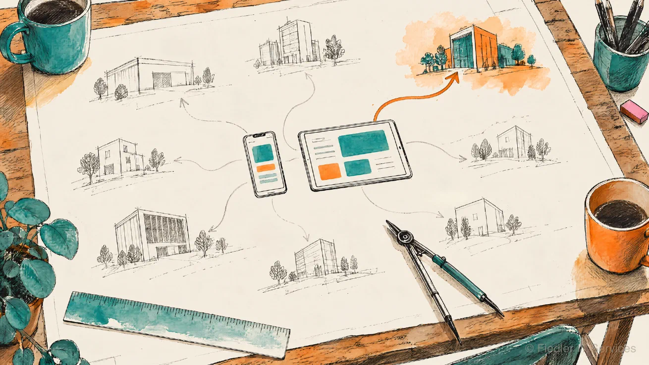 A drafting table with a plan sheet: a phone and a tablet in the middle, faint pencil paths to small buildings, and one path inked in orange