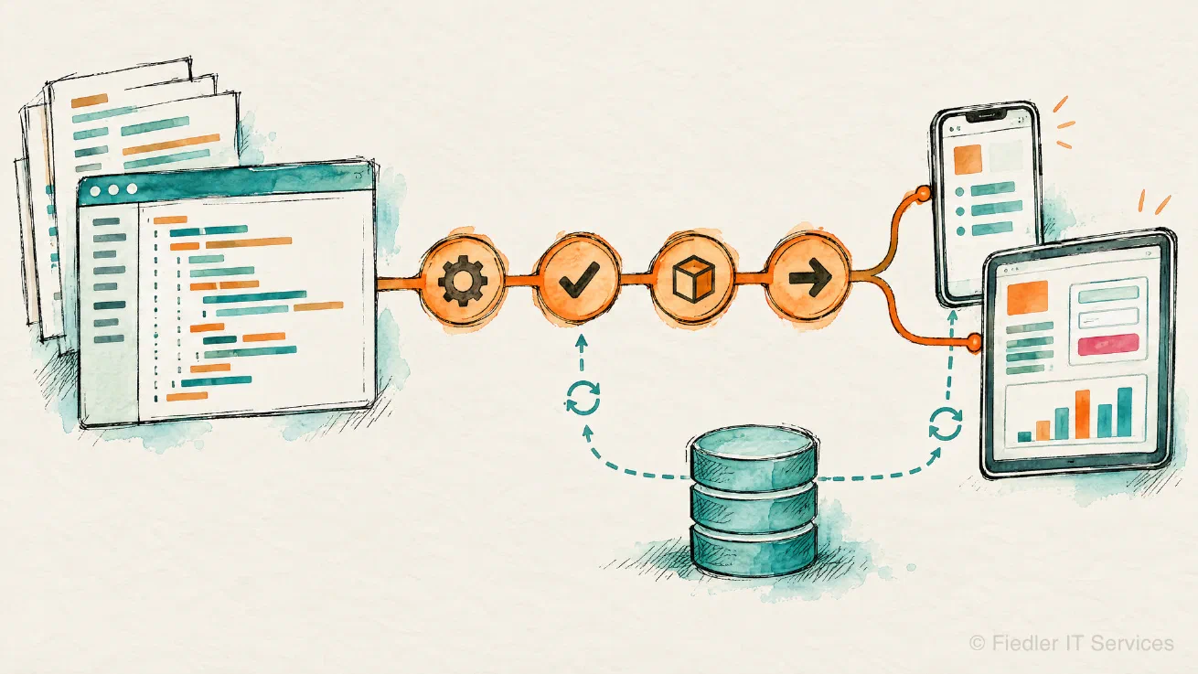 A code editor feeds a pipeline of four stations, build, test, package and publish, into a phone and a tablet, with a database linked by dashed sync lines
