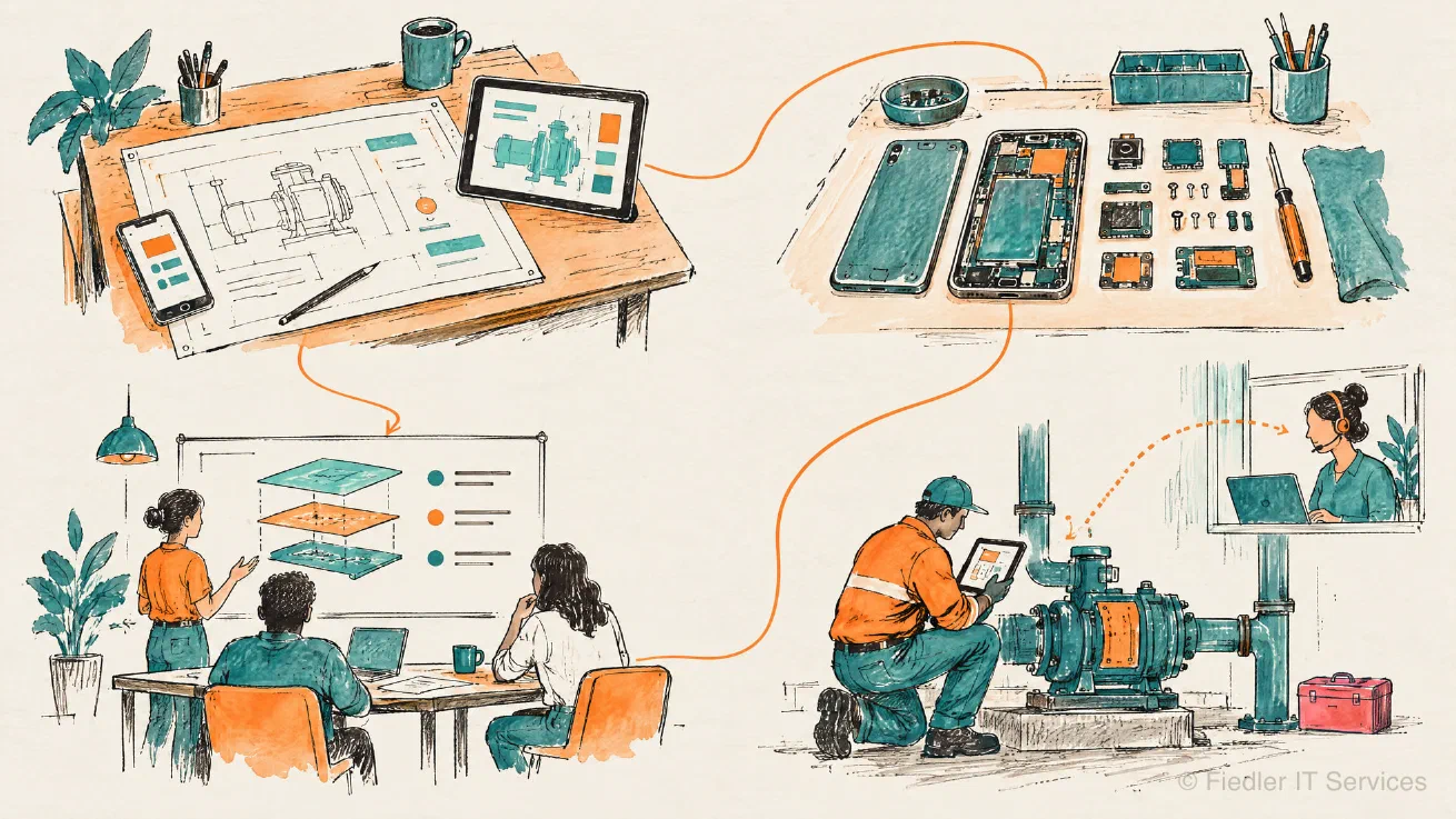 Four sketched scenes joined by one orange line: a drafting table with a plan sheet, a workbench with an open phone, a small training room with a wall board, and a technician at a pump who shares a tablet screen with a colleague at an office window