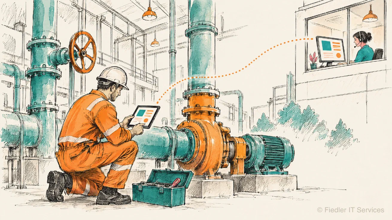 A technician in orange overalls kneels at a pump with a tablet, and a dotted line leads to a colleague with a headset at a screen in an office window