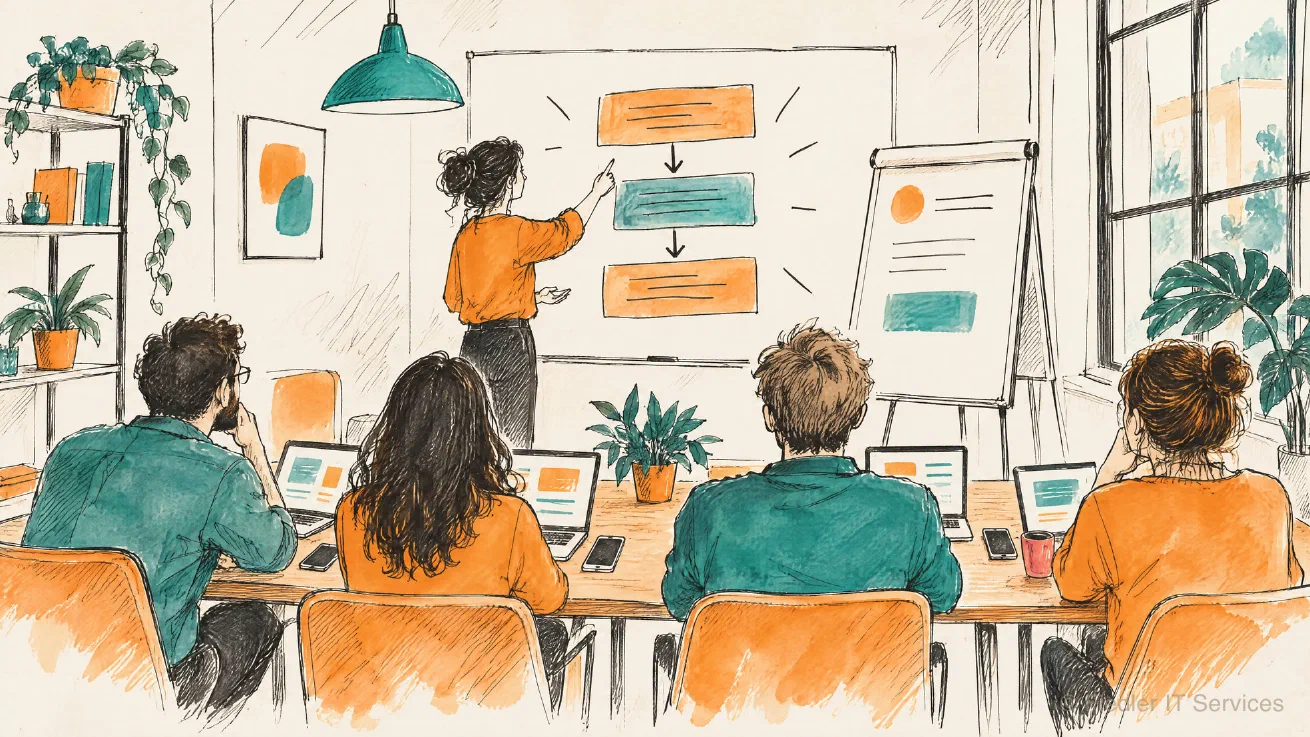 A small training room seen from the back: four participants with laptops watch a trainer point at a three-layer diagram on the wall